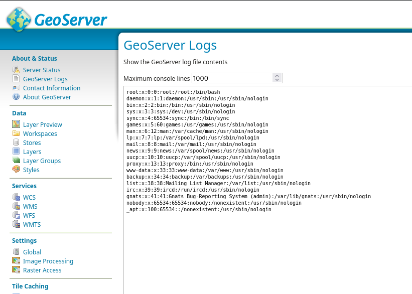 Image of Geoserver leaking /etc/passwd file